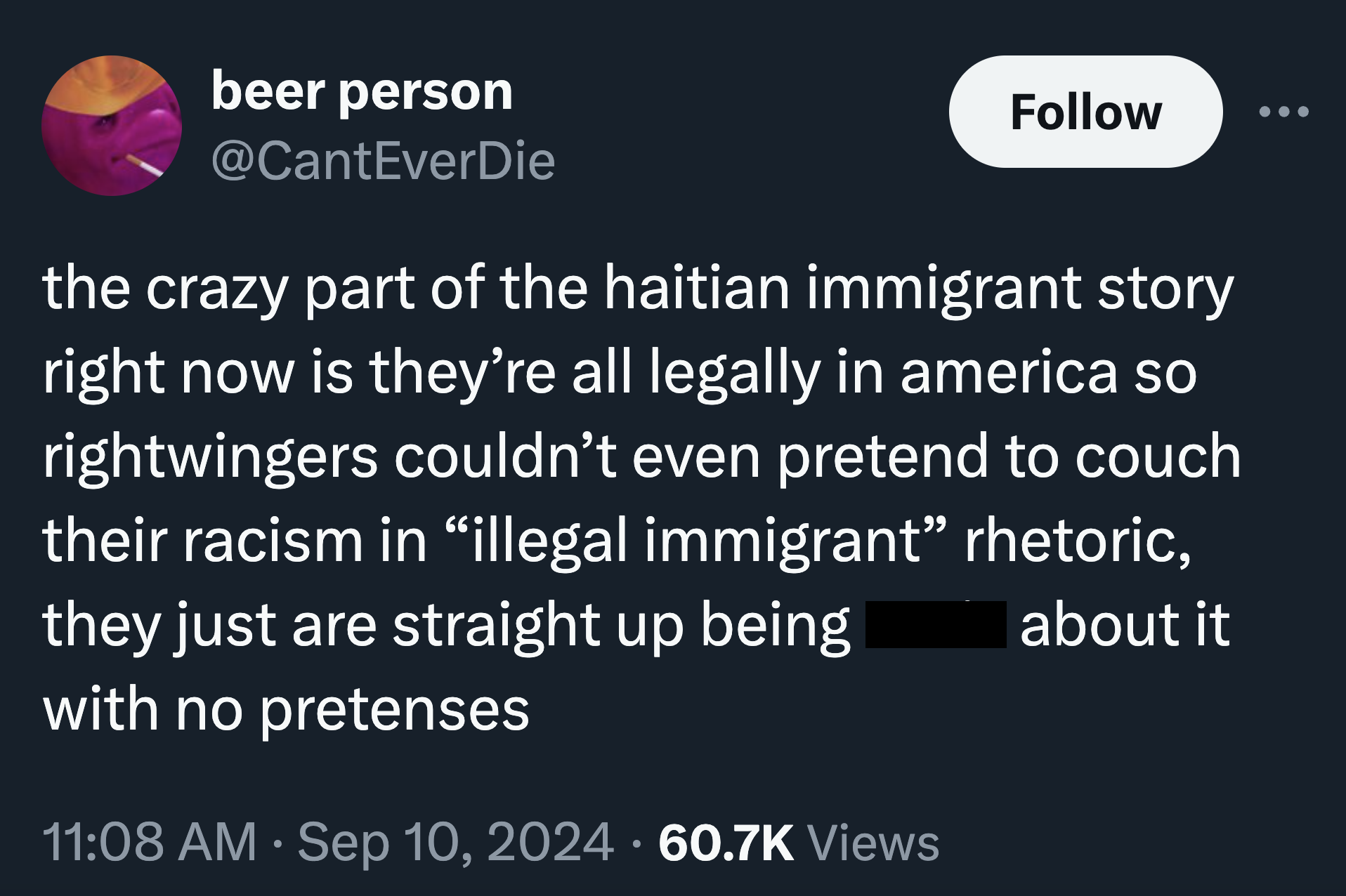 colorfulness - beer person the crazy part of the haitian immigrant story right now is they're all legally in america so rightwingers couldn't even pretend to couch their racism in illegal immigrant rhetoric, they just are straight up being about it with n